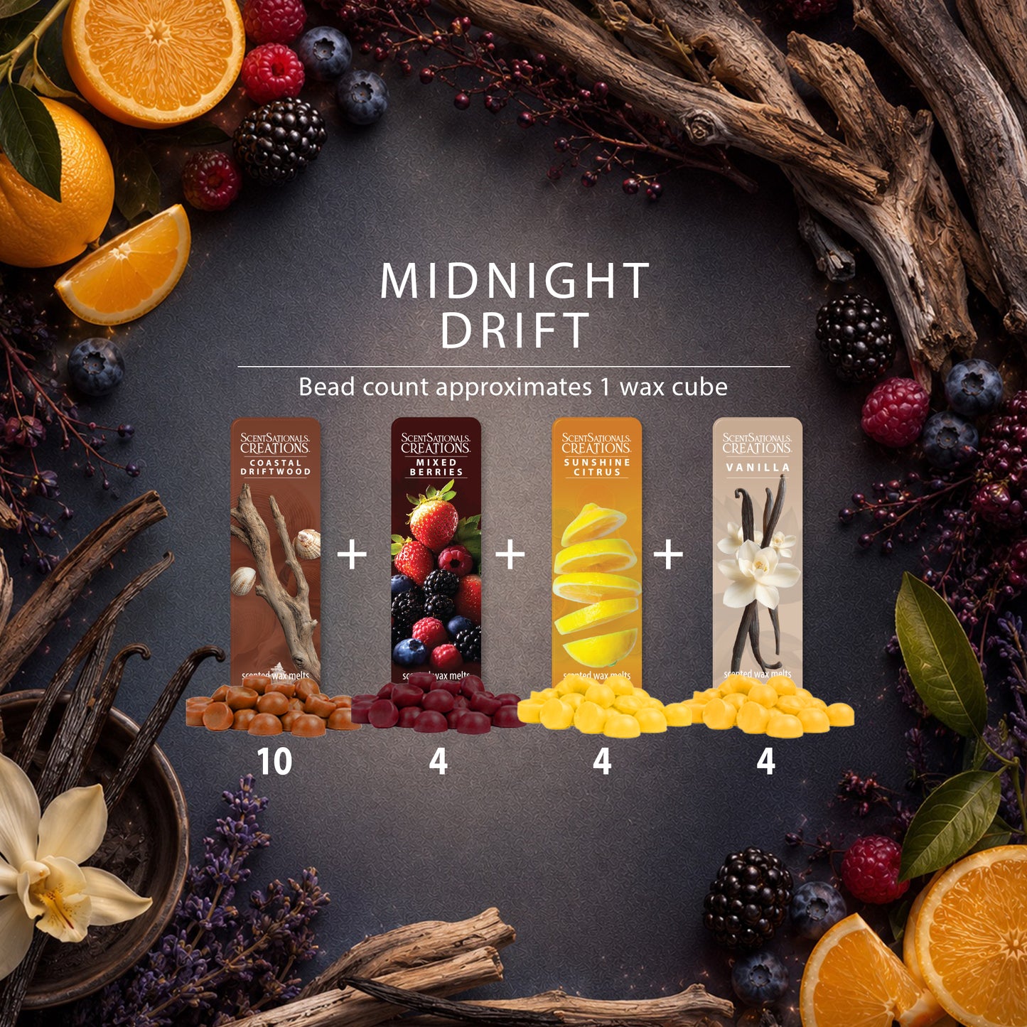 Midnight Drift scented wax bead recipe card. The graphic shows four fragrance options: 10 nut and spice, 4 berry, 4 citrus, and 4 vanilla, arranged with decorative ingredients like oranges, berries, vanilla beans, and cinnamon sticks on a dark slate background.